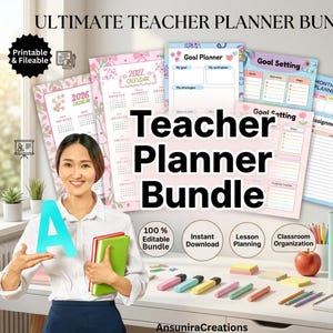 Puede incluir: Un paquete de planificadores para docentes con más de 70 páginas imprimibles que incluyen calendarios, planificadores de objetivos y seguimiento de tareas. La colección muestra plantillas en tonos pastel con diseños florales y geométricos para la organización.