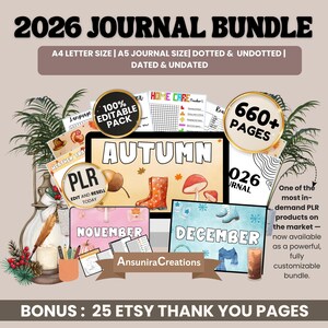 Pode incluir: Um pacote de diário digital com o texto "2026 JOURNAL BUNDLE" e "A4 LETTER SIZE | A5 JOURNAL SIZE | DOTTED & UNDOTTED | DATED & UNDATED". A imagem inclui páginas de diário com temas de outono e inverno, e o texto "660+ PAGES".