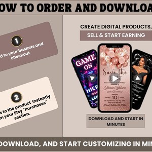 May include: Image showing a guide on how to order and download digital products. Includes instructions on adding to the basket, accessing purchases, and creating digital products. Features three smartphones displaying invitation designs.