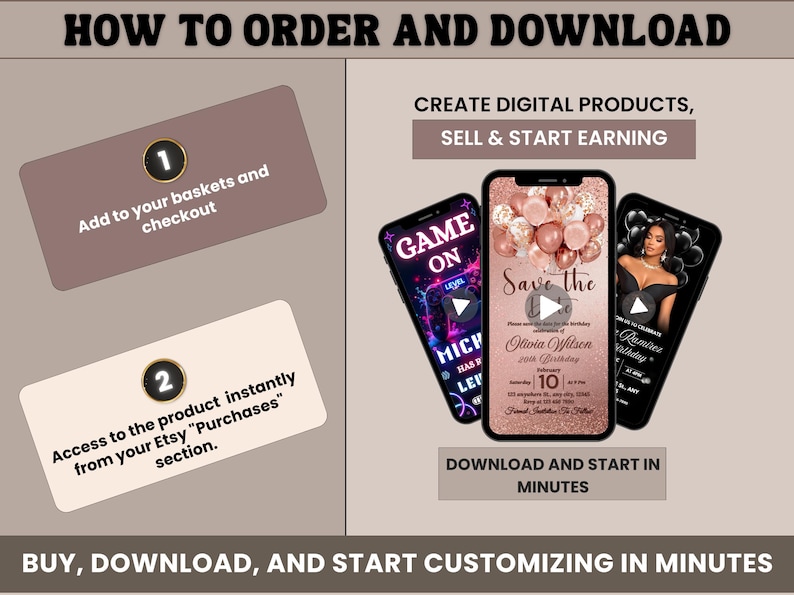May include: Image showing a guide on how to order and download digital products. Includes instructions on adding to the basket, accessing purchases, and creating digital products. Features three smartphones displaying invitation designs.