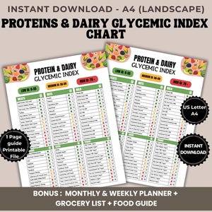 May include: Two A4 landscape printable charts titled "Proteins & Dairy Glycemic Index" with a food graphic. The charts list foods with their glycemic index values. Bonus: monthly and weekly planner, grocery list, and food guide. Instant download.