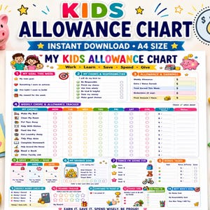 May include: A printable kids allowance chart with sections for chores, savings goals, and weekly earnings. The document features colourful icons, text headers, and a grid for tracking tasks from Monday to Sunday, designed for A4 paper size.
