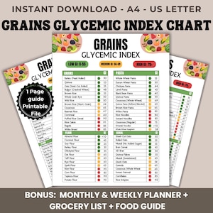 May include: A4 printable grains glycemic index chart, listing grains and pasta with their GI levels. Includes a bonus monthly and weekly planner, grocery list, and food guide.