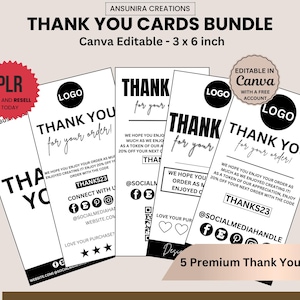 May include: A bundle of five 3 x 6 inch thank you cards featuring black text on white backgrounds. The cards include placeholders for logos, social media handles, and discount codes. Text includes Thank You for your order, Thanks23, and Connect with us.