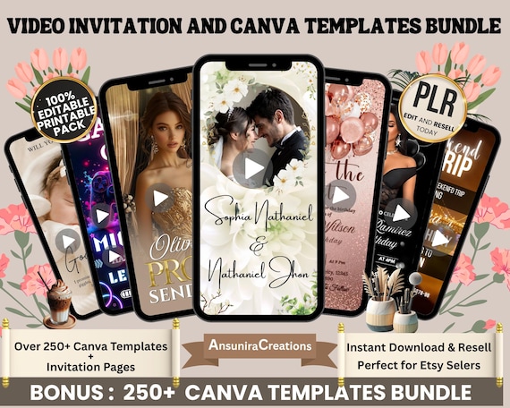 Video Invitation Canva Templates Bundle, Animated Birthday Party Evite Editable PLR, Kids & Adult Digital Invite Download