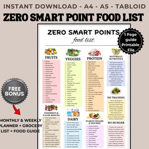 May include: A printable food list titled "ZERO SMART POINTS food list" with categories for fruits, veggies, protein, and more. Includes a "FREE BONUS" offer and a "1 Page guide Printable File" badge. The list is designed for meal planning and healthy eating.