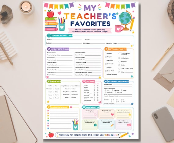 My Teacher’s Favorites Teacher Favorite Things List Template Questionnaire Printable All About My Teacher Classroom Survey Edit With Canva