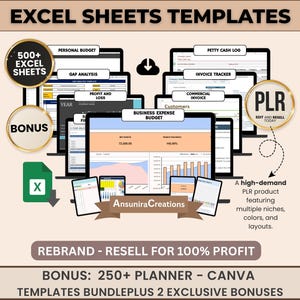 Può includere: Immagine di modelli di fogli di calcolo Excel per aziende, inclusi budget personali e monitoraggio delle fatture. L'immagine promuove il rebranding e la rivendita dei modelli. Bonus: 250+ modelli Canva.