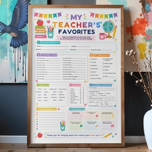 May include: A rectangular "My Teacher's Favorites" questionnaire printed on white paper with a wooden frame. The document features colorful illustrations of school supplies, a globe, and banners, with sections for personal information, preferences, and gift card choices.