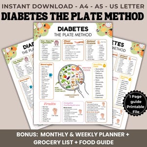 May include: Printable guides for the "Diabetes Plate Method" with a beige background. The guides include sections on non-starchy vegetables, plant and animal protein, beverages, fruits, and complex carbohydrates. Includes a bonus monthly and weekly planner.