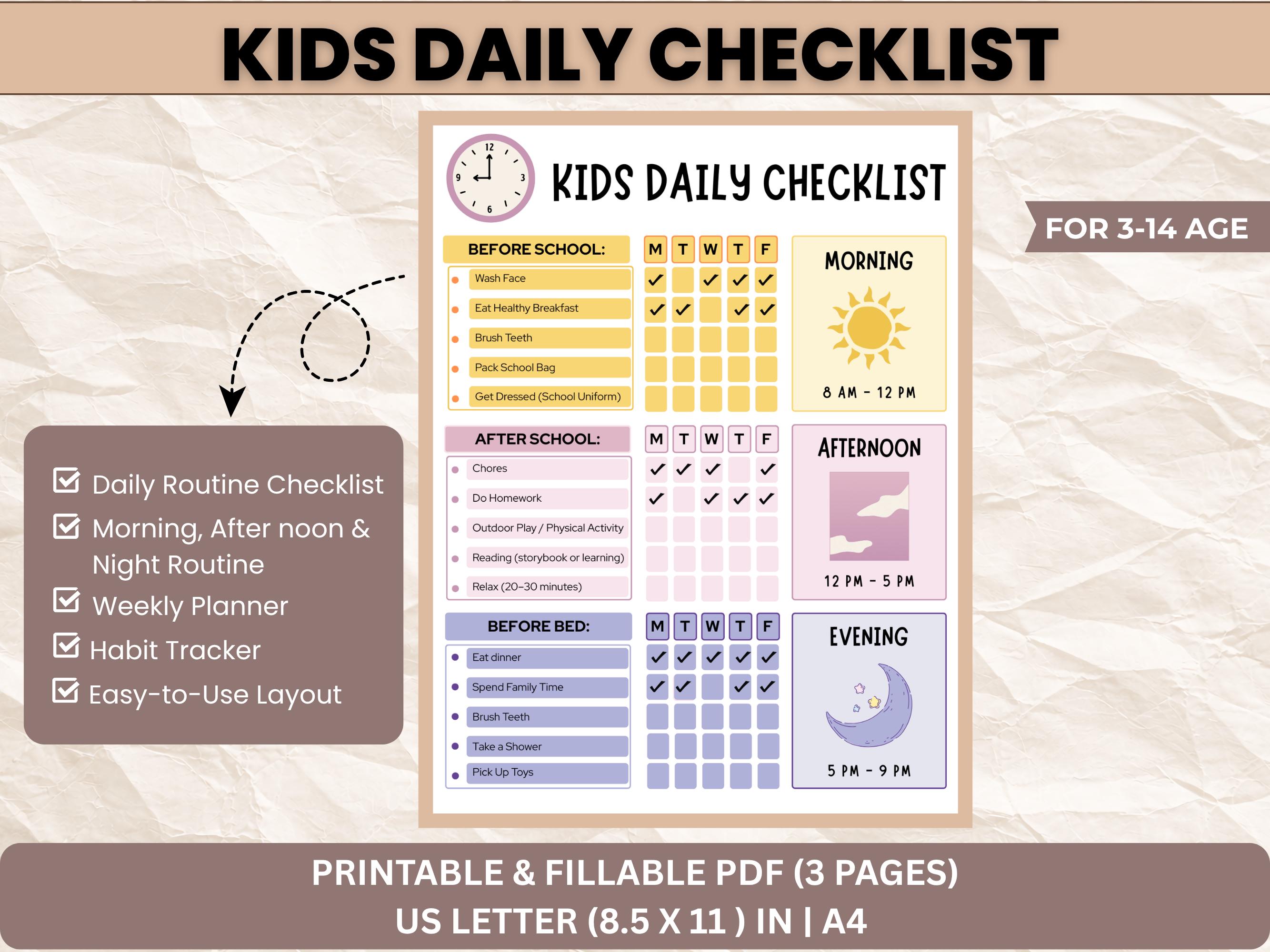 Editable Kids Routine Chart Printable, Daily Checklist for Kids ...