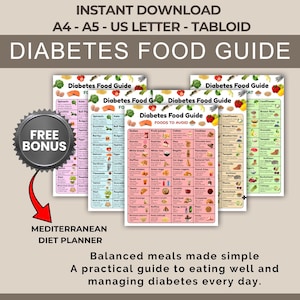 May include: A collection of printable "Diabetes Food Guide" charts with colorful illustrations of foods. The guides include "Foods to Avoid" and a "Mediterranean Diet Planner" bonus. Text includes "Instant Download" and "Balanced meals made simple."