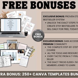 May include: An advertisement for Etsy sellers, featuring a laptop, tablet, and printed documents. The image includes the text "FREE BONUSES" and details on exclusive bonuses, such as a proven Etsy bestseller system and access to a premium community.