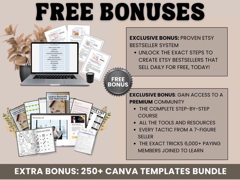 May include: An advertisement for Etsy sellers, featuring a laptop, tablet, and printed documents. The image includes the text "FREE BONUSES" and details on exclusive bonuses, such as a proven Etsy bestseller system and access to a premium community.