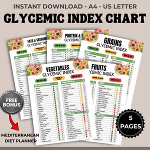 May include: A collection of five printable charts titled "Glycemic Index Chart" with lists of foods categorized by their glycemic index. The charts include sections for fats, protein, grains, vegetables, and fruits. The image also includes the text "Instant Download - A4 - US Letter".