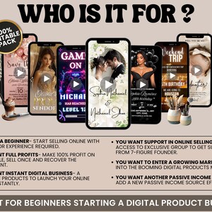 May include: Image featuring several smartphones displaying digital product templates, including wedding invitations, prom announcements, and birthday party invites. Text reads "WHO IS IT FOR?" and "100% EDITABLE PACK". The image also includes text about starting a digital product business.