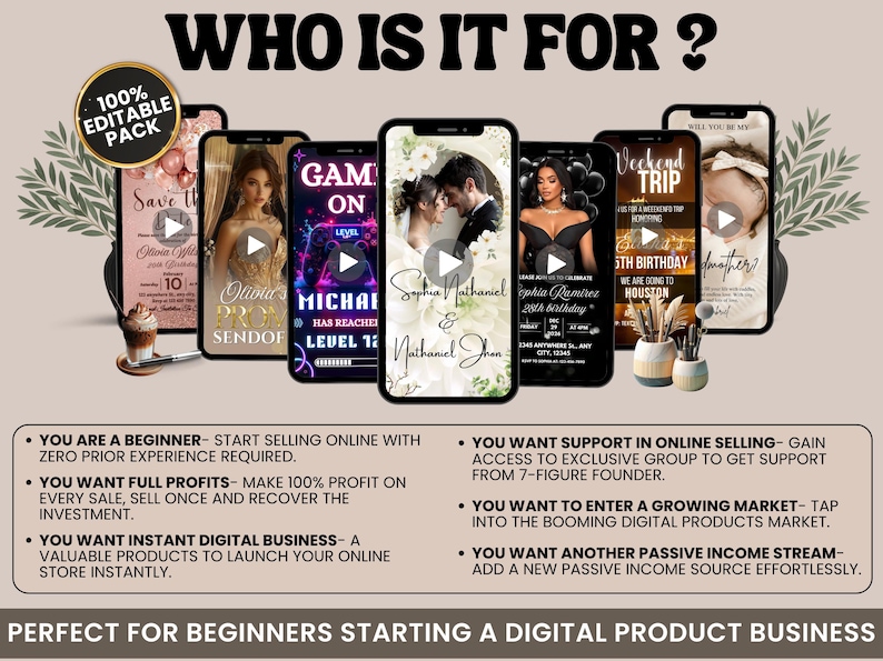 May include: Image featuring several smartphones displaying digital product templates, including wedding invitations, prom announcements, and birthday party invites. Text reads "WHO IS IT FOR?" and "100% EDITABLE PACK". The image also includes text about starting a digital product business.