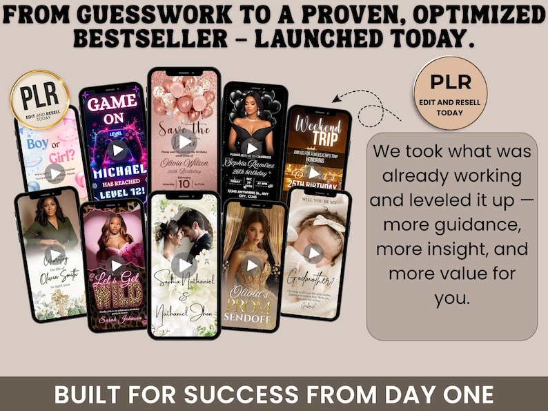 May include: A promotional image showcasing multiple smartphones displaying various event invitations. The phones feature designs for birthdays, weddings, and other celebrations. Text includes "FROM GUESSWORK TO A PROVEN, OPTIMIZED BESTSELLER - LAUNCHED TODAY."