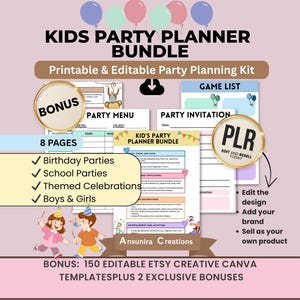 Op de afbeelding: Een feestplanningskitbundel met de tekst "KIDS PARTY PLANNER BUNDLE". Bevat afdrukbare en bewerkbare feestplanningsjablonen voor verjaardagen, scholen en themafeesten. Bevat een bonus van 150 Etsy Canva-sjablonen.