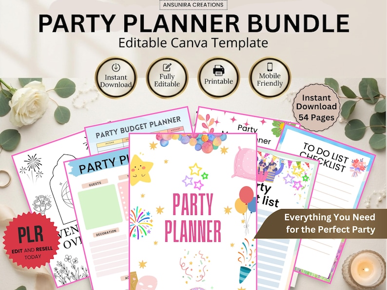 Party Planner Canva PLR Template, Event Planning Workbook, Birthday ...