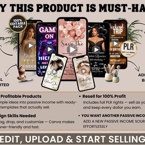 May include: Promotional image with the text "WHY THIS PRODUCT IS MUST-HAVE?". It showcases several smartphones displaying editable templates for various events. The image promotes creating profitable products, reselling for profit, and ease of use.