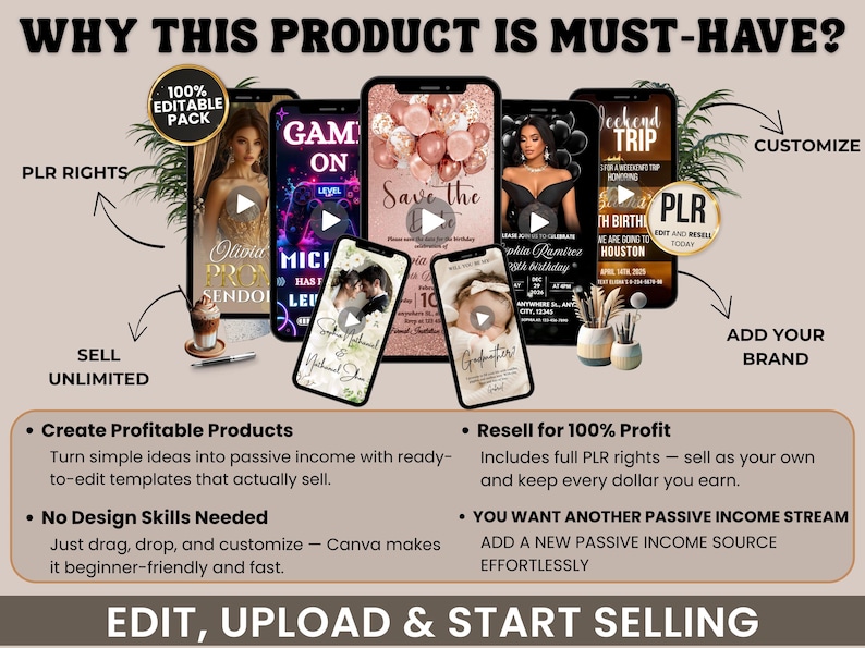 May include: Promotional image with the text "WHY THIS PRODUCT IS MUST-HAVE?". It showcases several smartphones displaying editable templates for various events. The image promotes creating profitable products, reselling for profit, and ease of use.