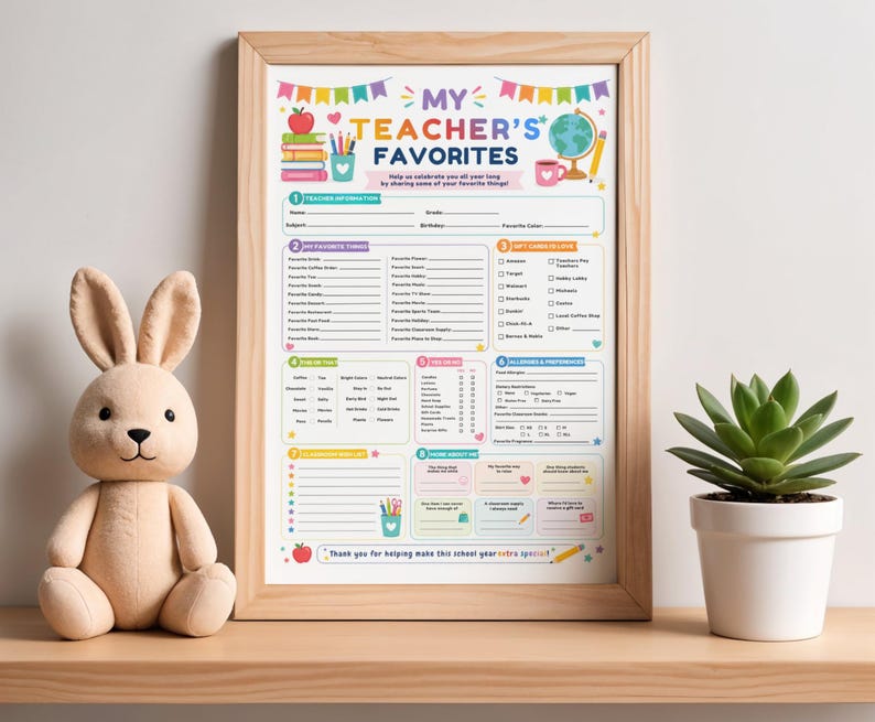 May include: A framed My Teacher's Favorites questionnaire print featuring colorful school-themed graphics like a globe, books, and pencils. The document includes sections for personal information, favorite things, gift cards, allergies, and classroom wish lists.