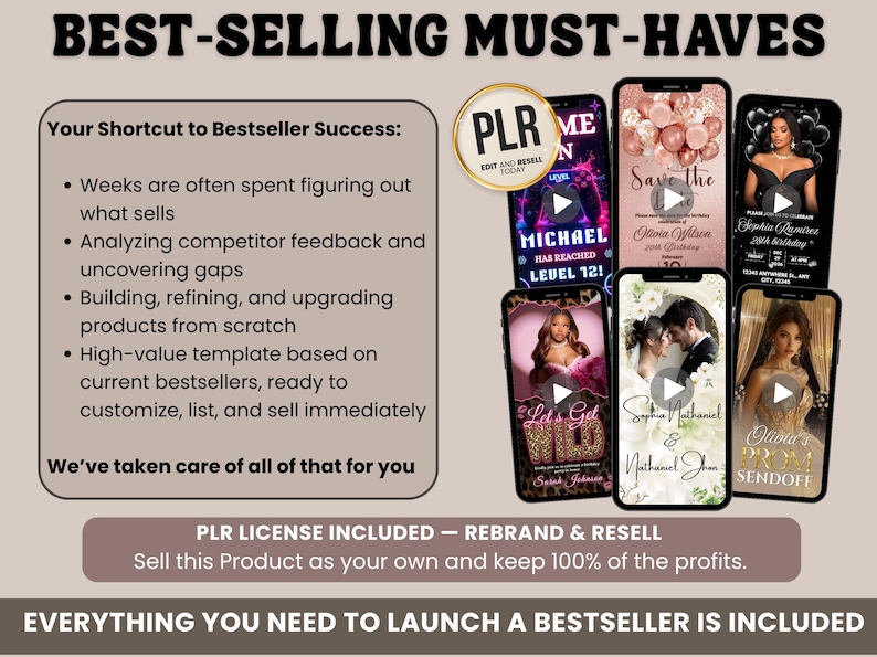 May include: Image featuring a collection of smartphone screens showcasing various templates. Text includes "BEST-SELLING MUST-HAVES" and "Your Shortcut to Bestseller Success." The image promotes ready-to-customize templates for immediate use.