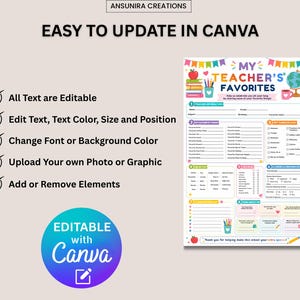 May include: A digital template titled My Teacher's Favorites featuring colorful school-themed graphics like a globe, books, and an apple. The document includes sections for personal information, preferences, and gift ideas, with text indicating it is editable in Canva.
