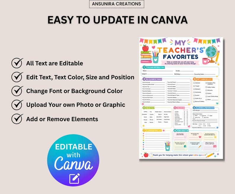 May include: A digital template titled My Teacher's Favorites featuring colorful school-themed graphics like a globe, books, and an apple. The document includes sections for personal information, preferences, and gift ideas, with text indicating it is editable in Canva.