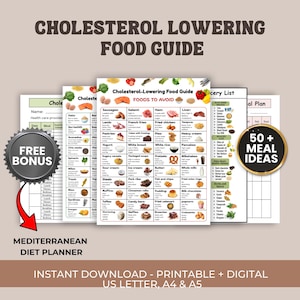 May include: A collection of printable guides titled "Cholesterol Lowering Food Guide" with a "Free Bonus" badge and "50+ Meal Ideas" badge. The guides include a Mediterranean diet planner and a list of foods to avoid.