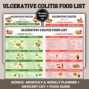 Ulcerative Colitis Diet Food List Printable, Foods to Eat and Avoid Chart, Gut Health IBS Meal Guide, UC Friendly Grocery List PDF