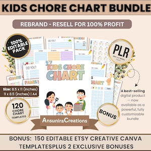 Puede incluir: Un paquete de gráficos de tareas para niños imprimibles con el texto "KIDS CHORE CHART BUNDLE". El paquete incluye 120 plantillas de gráficos de tareas, con un tamaño de 21,6 x 27,9 cm. La imagen también incluye el texto "REBRAND - RESELL FOR 100% PROFIT".