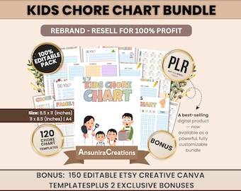 Kids Chore Chart PLR Editable, Printable Reward Routine Chart for Children, Daily Responsibility Chart, Behavior Chart Template Bundle