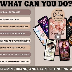 May include: An image showcasing various smartphone screens displaying digital products. The screens feature designs for invitations, announcements, and event promotions. Text includes "What Can You Do?" and "Customize, Brand, and Start Selling Instantly."
