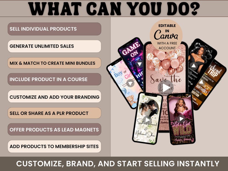 May include: An image showcasing various smartphone screens displaying digital products. The screens feature designs for invitations, announcements, and event promotions. Text includes "What Can You Do?" and "Customize, Brand, and Start Selling Instantly."