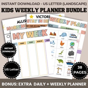 Kids Weekly Planner Printable, Daily Routine Chore Chart Bundle for Children, Behavior Tracker ABC Chart, Morning Bedtime Routine PDF