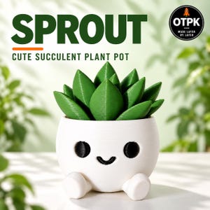 May include: A white, round plant pot with a smiling face and two small feet, containing a green, pointed-leaf succulent. The text SPROUT, CUTE SUCCULENT PLANT POT, and a circular logo with the text OTPK MADE LAYER BY LAYER are visible.