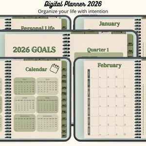 Könnte beinhalten: Digitaler Planer für 2026 mit Spiralbindung. Der Planer enthält Abschnitte für Arbeit, Privatleben, Ziele und Kalender. Die Seiten sind beige mit grünen Akzenten und dem Text "Digital Planner 2026" und "Organize your life with intention".