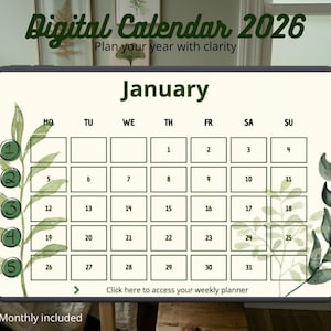 Puede incluir: Calendario digital para 2026, con un diseño de calendario de enero con un fondo crema y acentos botánicos verdes. El calendario incluye los días de la semana y las fechas, con el texto "Digital Calendar 2026" en la parte superior.