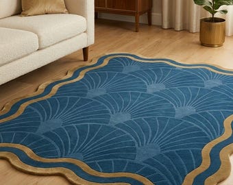 Handmade Blue Tufted Rug, Scalloped Area Rug, Modern Abstract Carpet, Luxury Living Room Rug, Wavy Edge Floor Mat