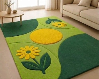 Handmade Floral Tufted Rug, Green Daisy Area Rug, Botanical Wool Carpet, Modern Living Room Rug, Nature Home Decor