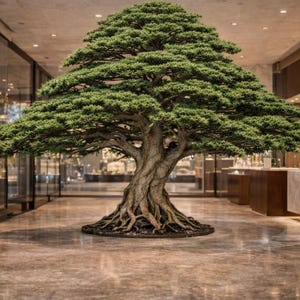 Puede incluir: Un gran bonsái con un tronco nudoso y una densa copa de hojas verdes. Las raíces del árbol son visibles en la base, y está situado en un interior luminoso con un suelo pulido, creando un contraste visual llamativo.