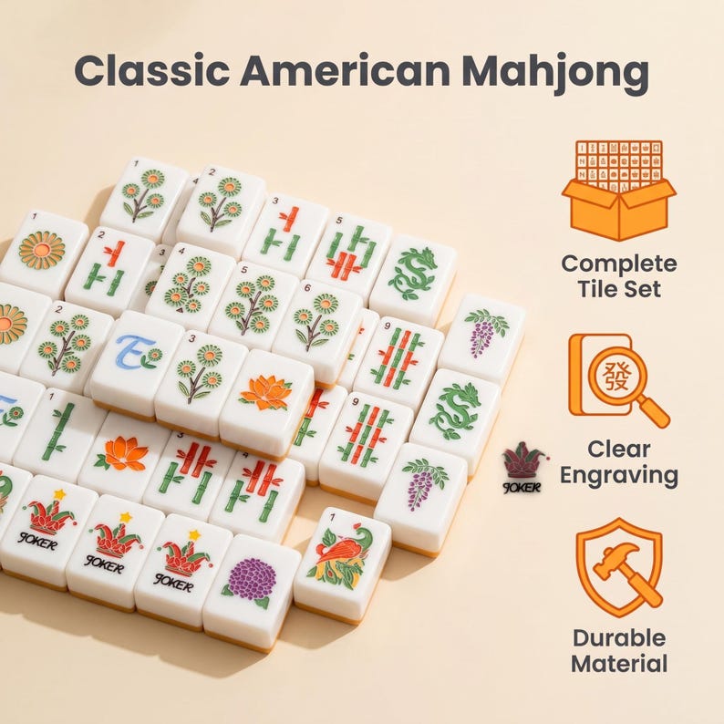 May include: A set of white Mahjong tiles featuring colorful floral, bamboo, dragon, and joker designs. The image includes the text Classic American Mahjong, Complete Tile Set, Clear Engraving, and Durable Material with corresponding icons.