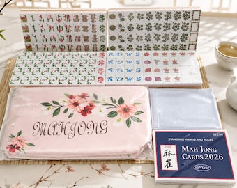 American Mahjong Set, Transparent Acrylic Tiles, Floral Design, Case, Rules Card