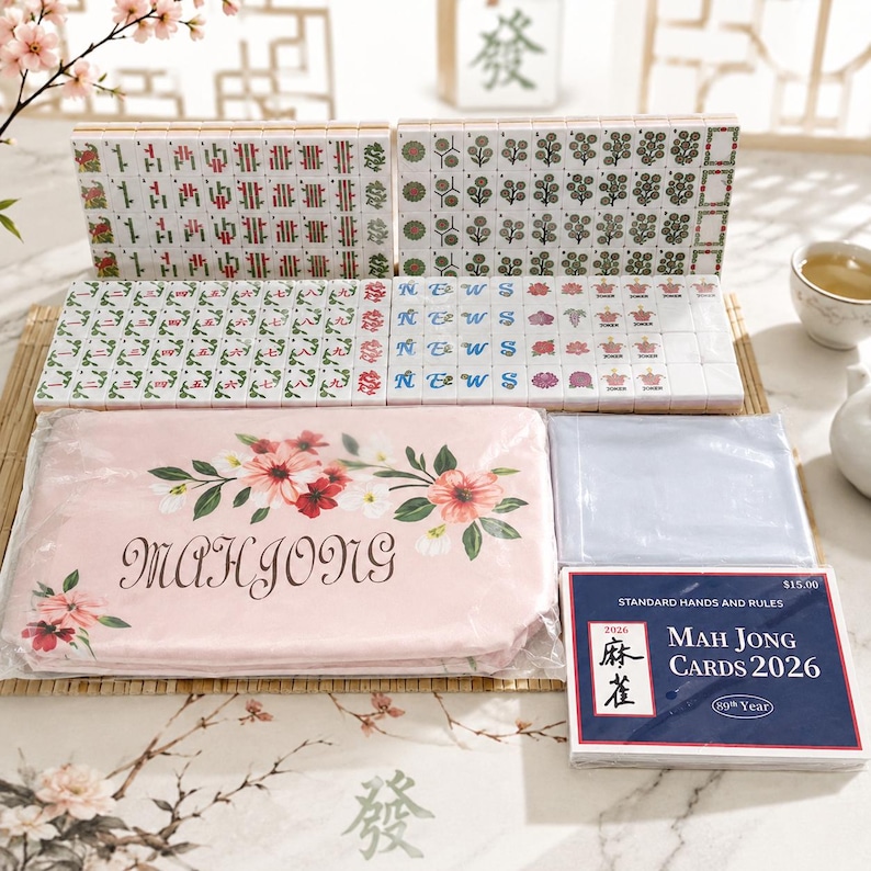May include: A mahjong set featuring white tiles with green, red, and black symbols, a pink storage pouch with floral graphics and the word MAHJONG, and a blue instruction booklet titled Mah Jong Cards 2026 with standard hands and rules.