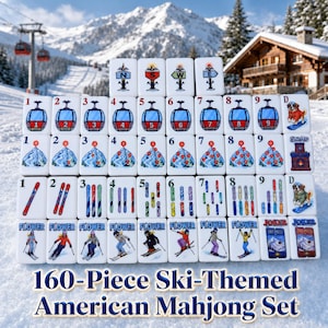 Amerikanskt Mahjong-set med skidtema, 160 brickor, Mahjong-spel i vinterfjällen, present till alpin skidort, lyxigt Mahjong-presentset