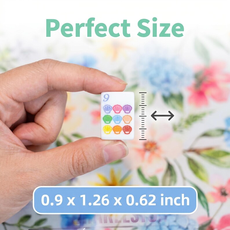 May include: A white rectangular mahjong tile featuring the number 9 in blue and a grid of nine colorful seashell icons in pink, purple, green, blue, orange, and yellow. The tile measures 0.9 by 1.26 by 0.62 inches as indicated by text.