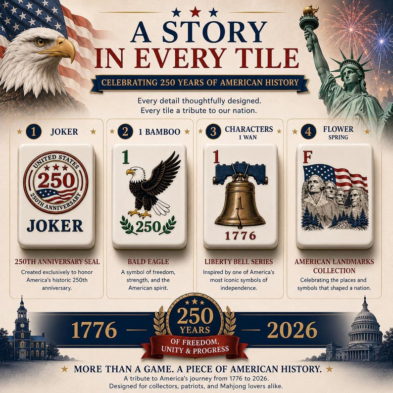 May include: A set of four Mahjong tiles featuring American themes, including a 250th anniversary seal, a bald eagle, the Liberty Bell, and Mount Rushmore. The text reads A STORY IN EVERY TILE, CELEBRATING 250 YEARS OF AMERICAN HISTORY, 1776-2026.
