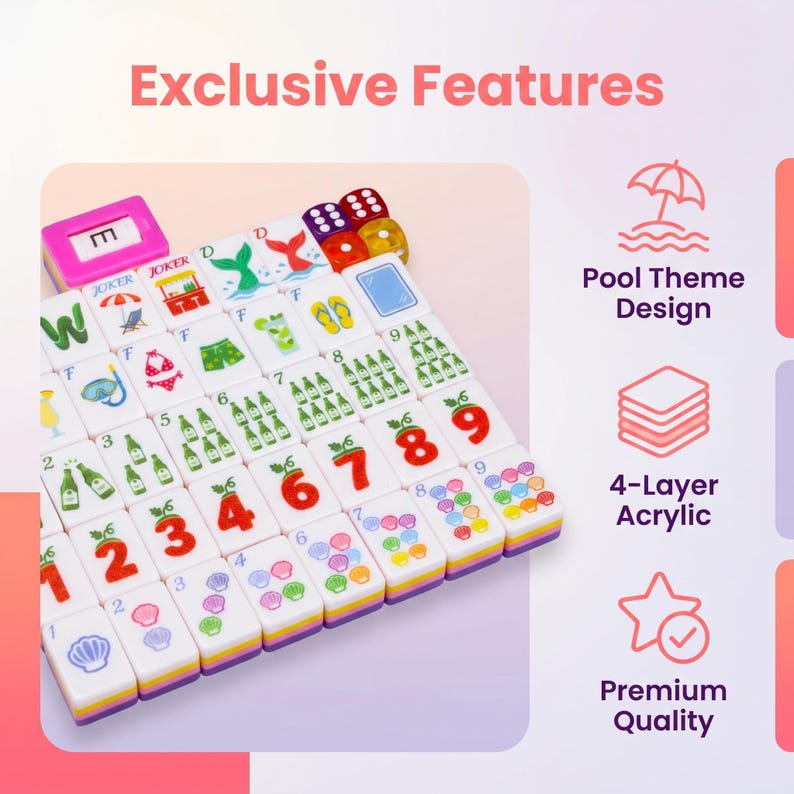 May include: A set of white mahjong tiles with colorful pool-themed graphics including mermaids, drinks, flip-flops, and numbers. The tiles are arranged in a grid with a pink counter, dice, and text reading Exclusive Features, Pool Theme Design, 4-Layer Acrylic, and Premium Quality.